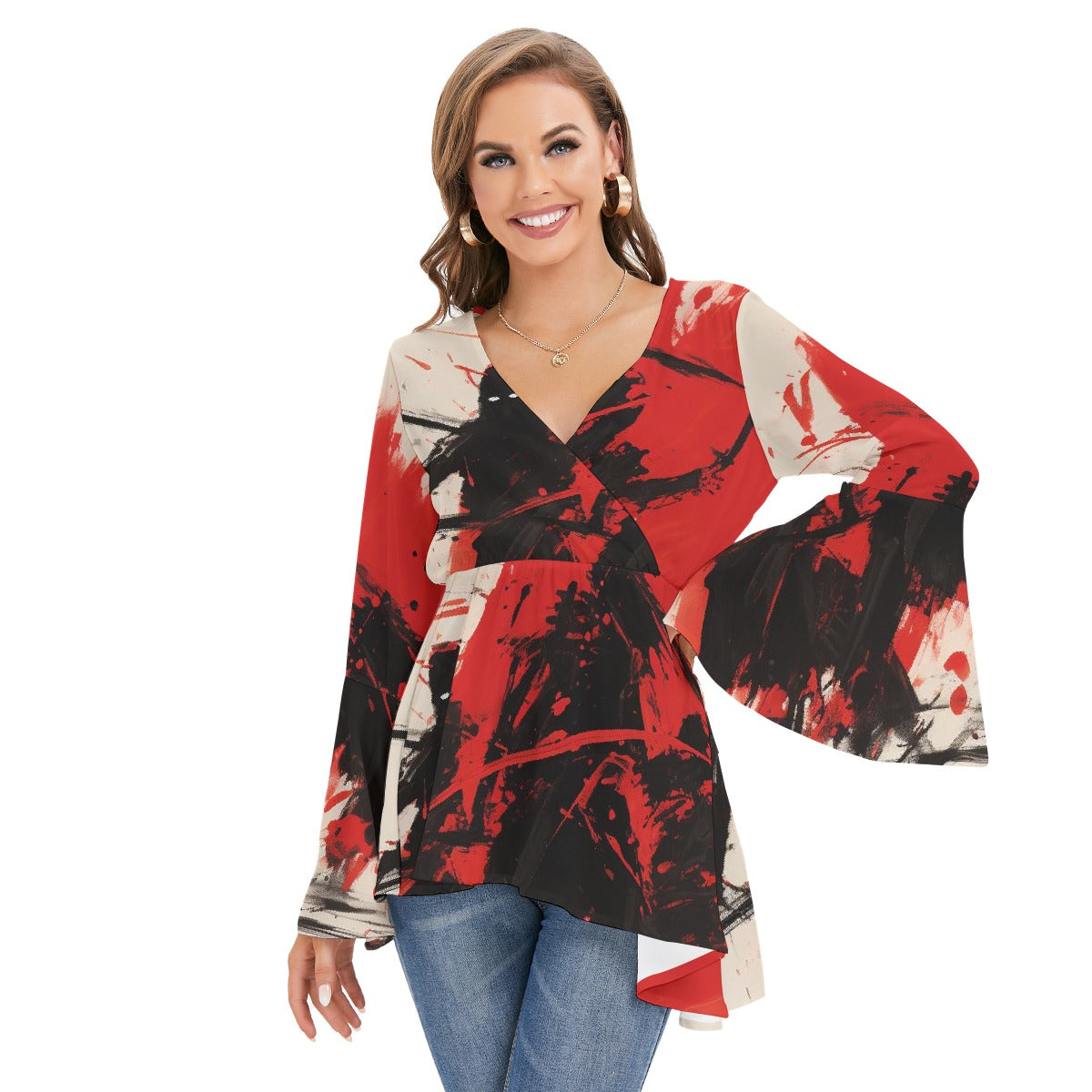 All-Over Print Women's V-neck Blouse With Flared Sleeves