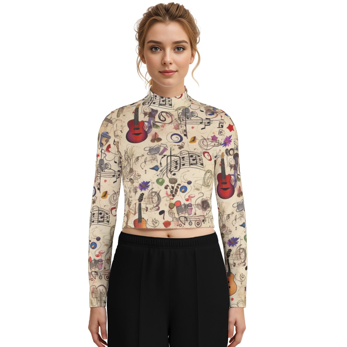 Eco-Friendly All-Over Print Women's Turtleneck T-shirt With Long Sleeve