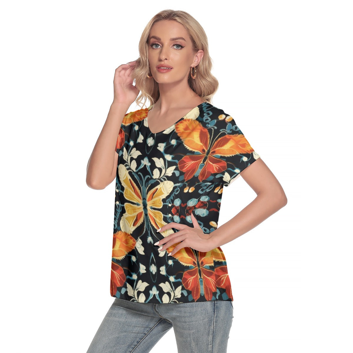 All-Over Print Women's Loose V-neck Short Sleeve T-shirt