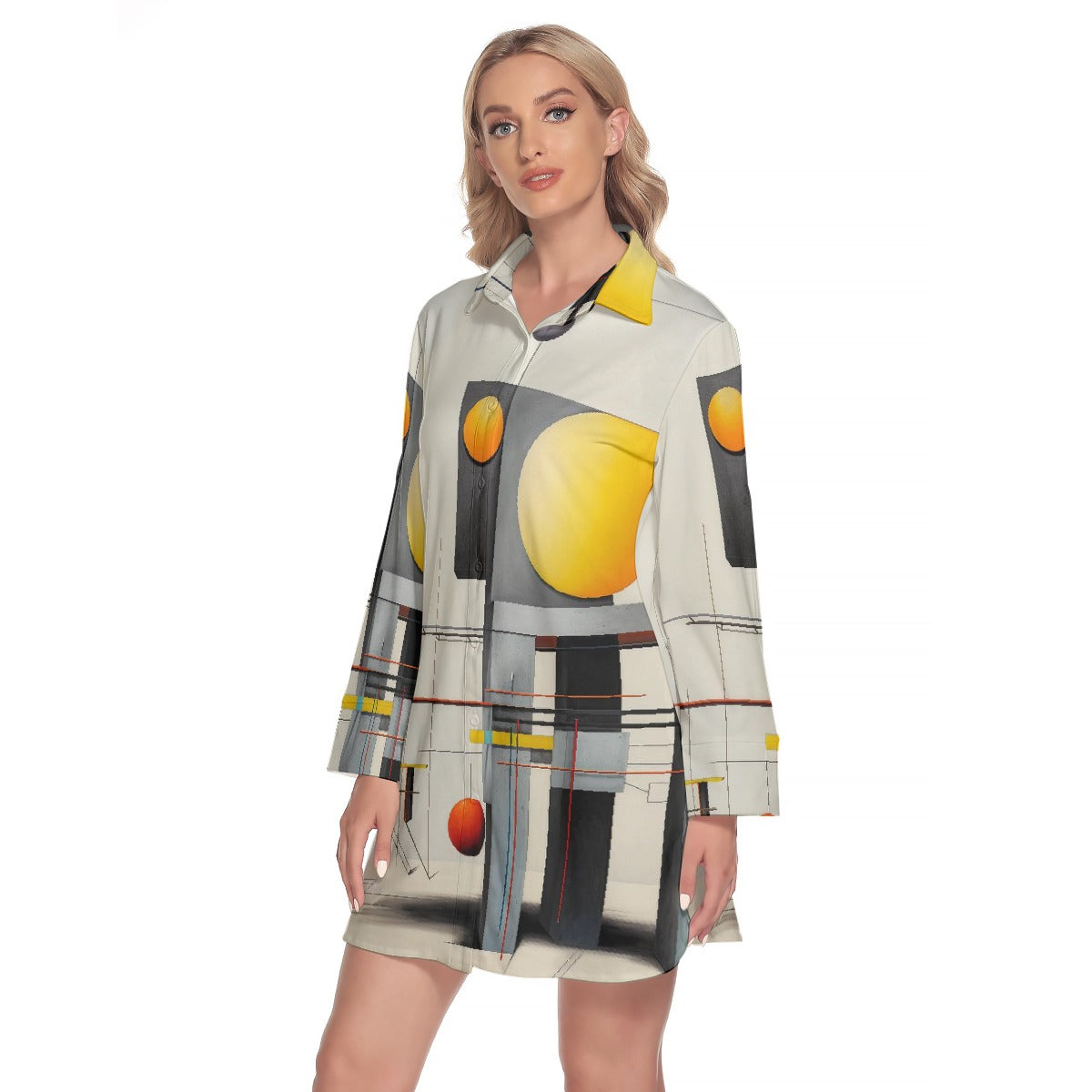 All-Over Print Women's Lapel Shirt Dress With Long Sleeve