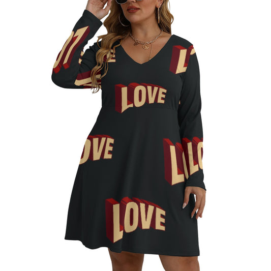 All-Over Print Women's V-neck Long Sleeve Dress(Plus Size)