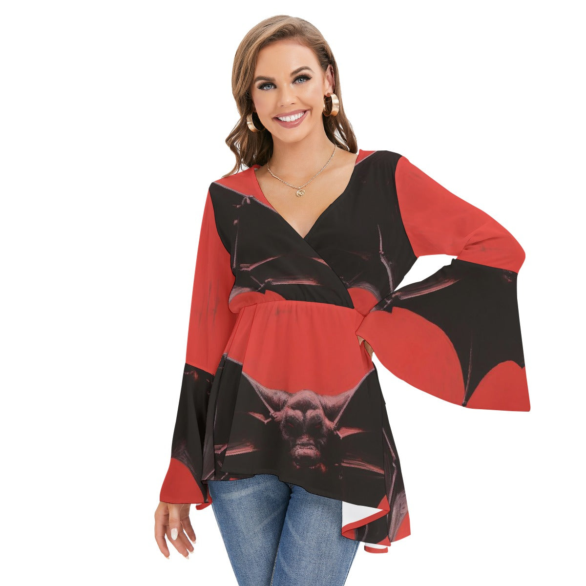 All-Over Print Women's V-neck Blouse With Flared Sleeves