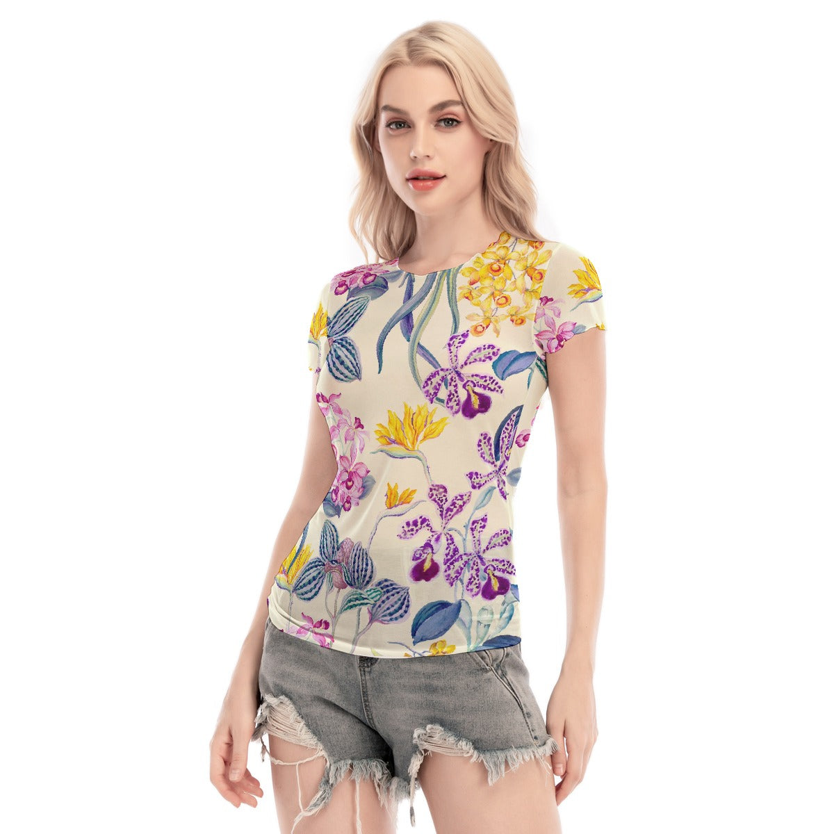 All-Over Print Women's Short Sleeve Mesh Blouse