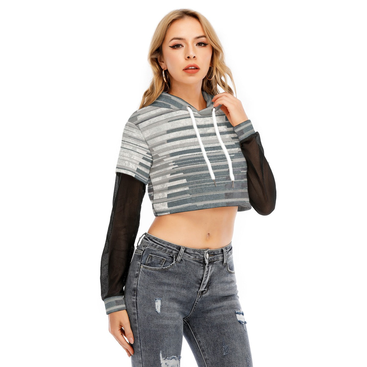 All-Over Print Women's Fake Two-piece Mesh Sleeve Cropped Hoodie