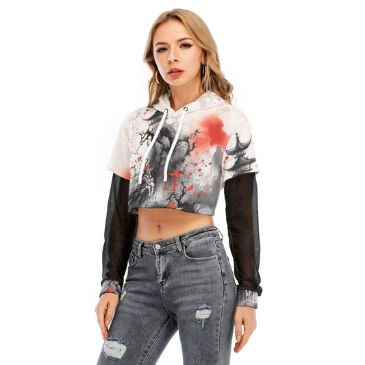 All-Over Print Women's Fake Two-piece Mesh Sleeve Cropped Hoodie