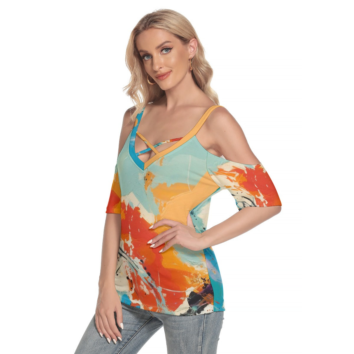 All-Over Print Women's Cold Shoulder T-shirt With Criss Cross Strips