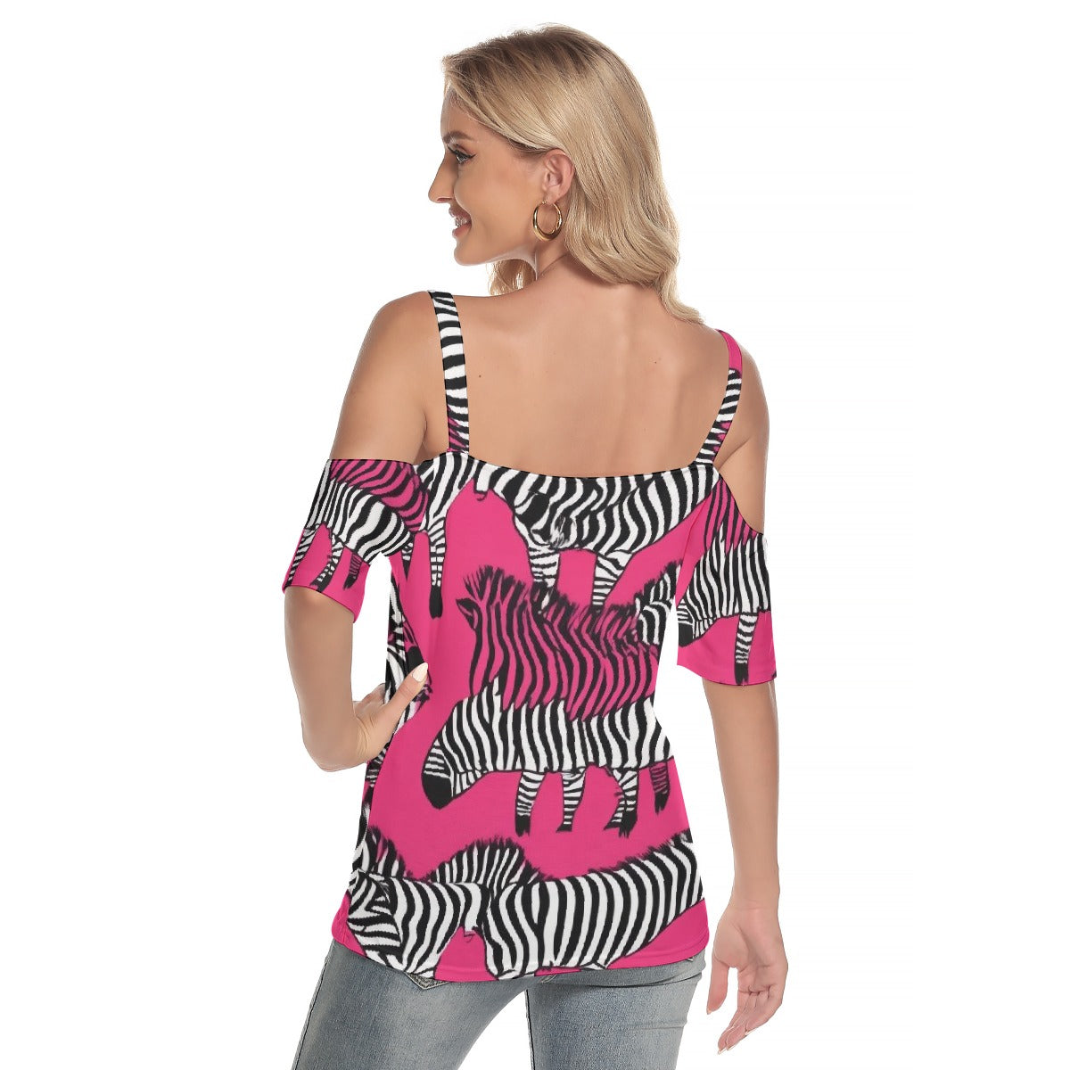 All-Over Print Women's Cold Shoulder T-shirt With Criss Cross Strips