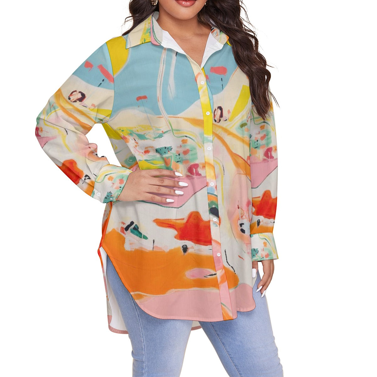 All-Over Print Women's Shirt With Long Sleeve(Plus Size)