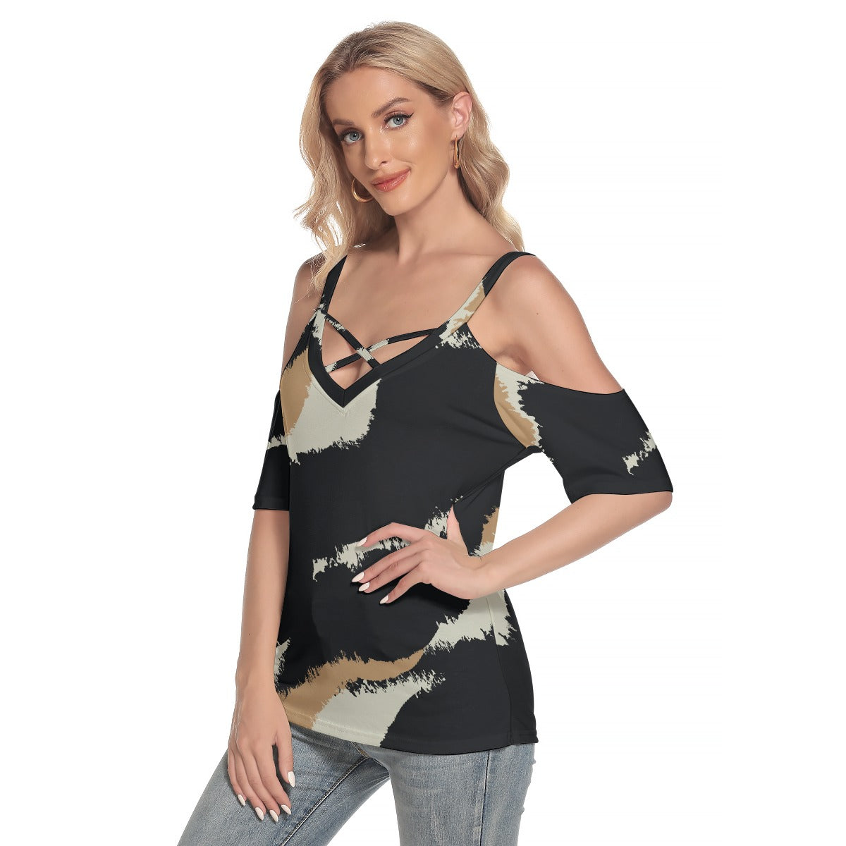 All-Over Print Women's Cold Shoulder T-shirt With Criss Cross Strips