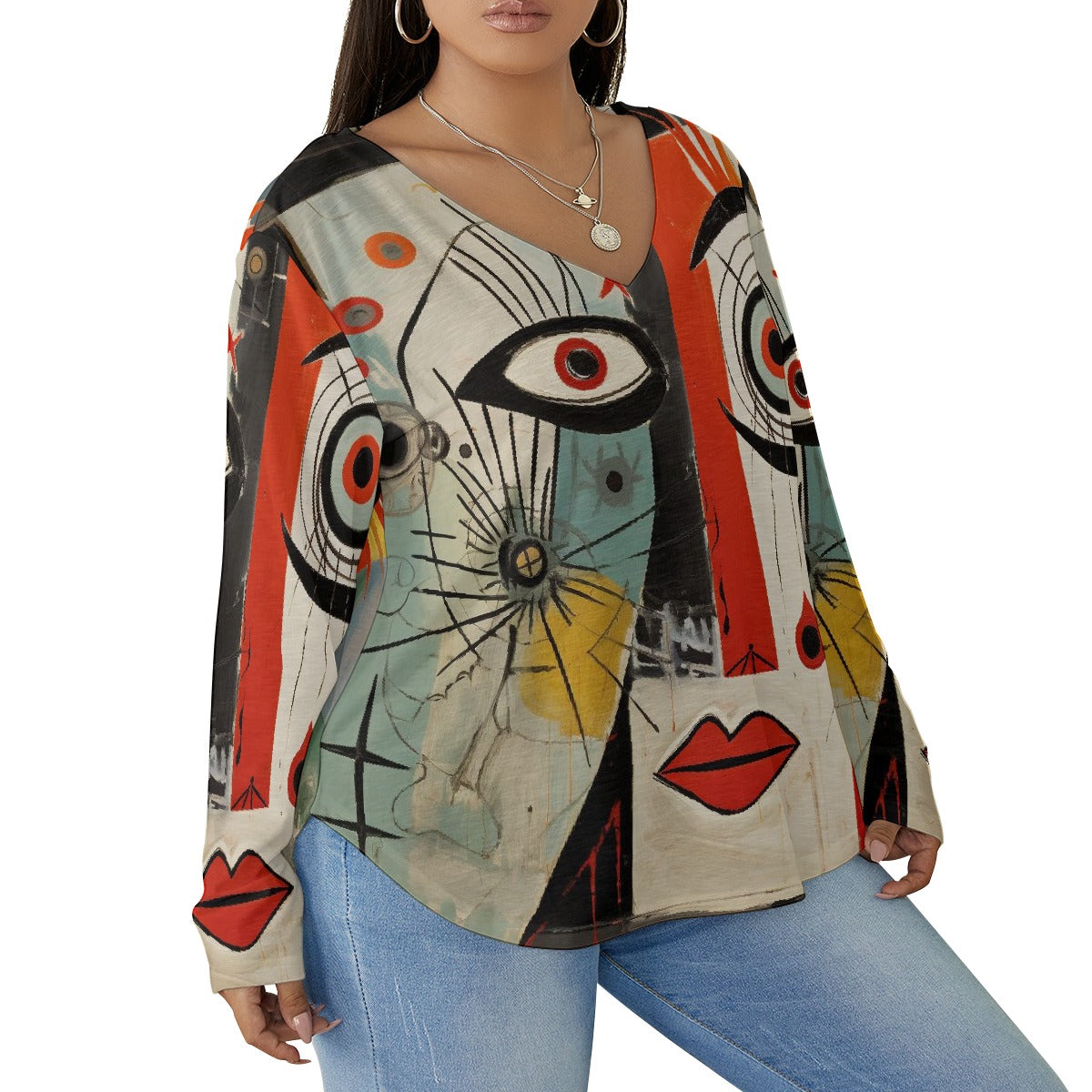 All-Over Print Women's V-neck T-shirt With Curved Hem(Plus Size)