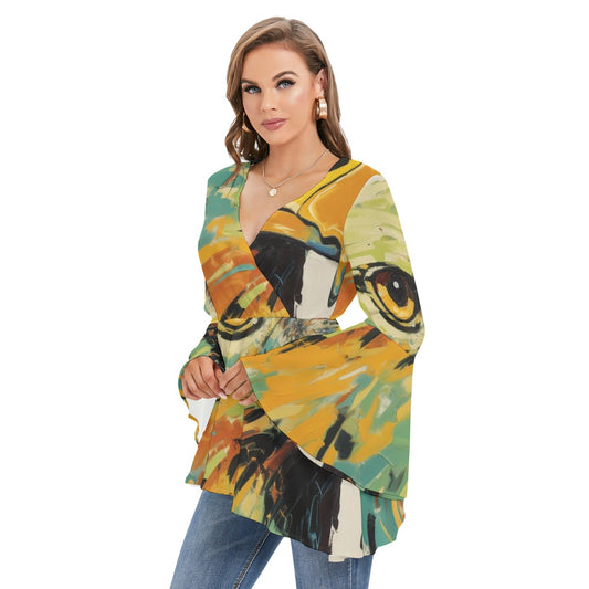 All-Over Print Women's V-neck Blouse With Flared Sleeves