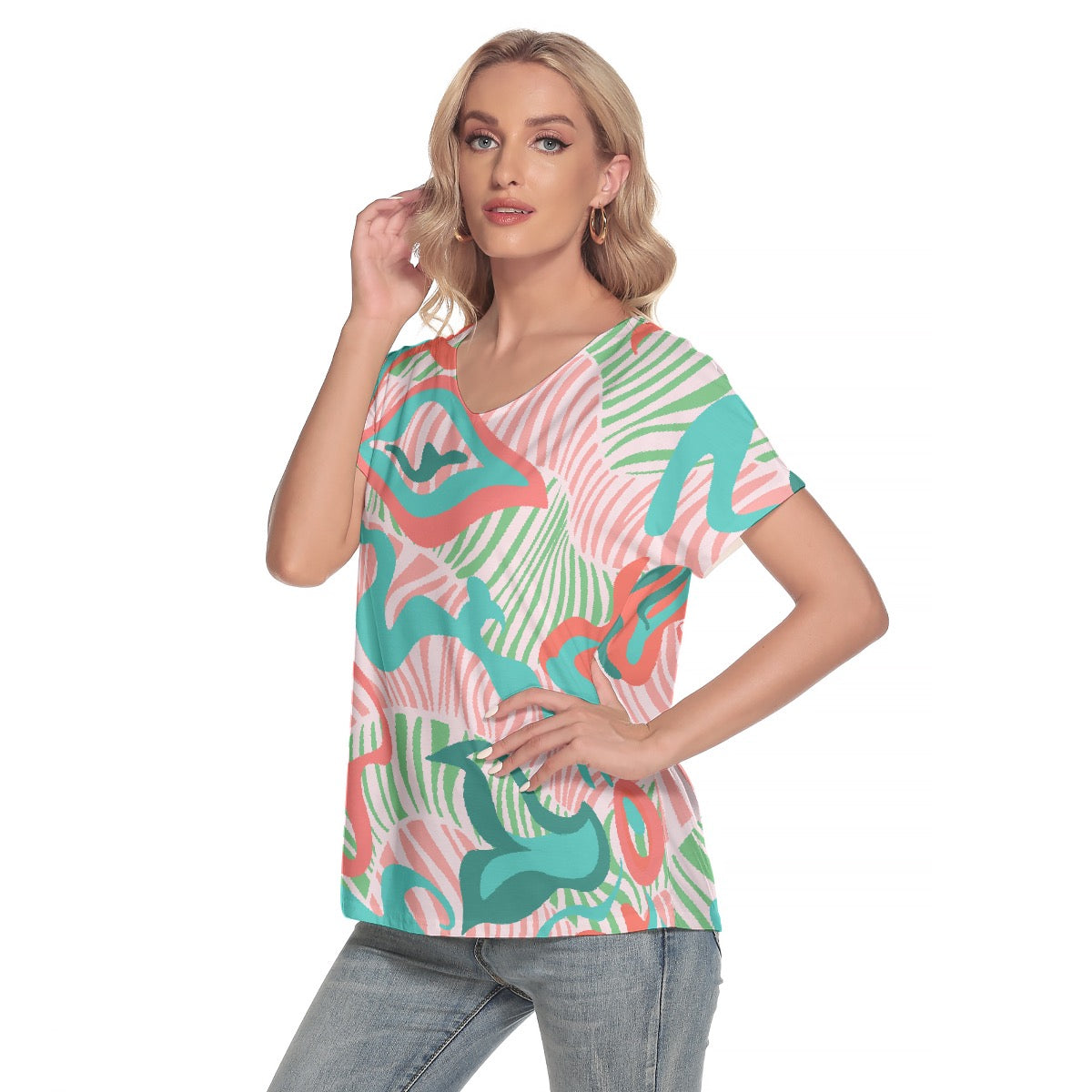 All-Over Print Women's Loose V-neck Short Sleeve T-shirt