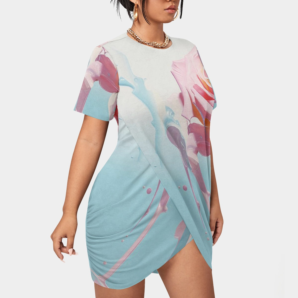 All-Over Print Women’s Stacked Hem Dress With Short Sleeve（Plus Size）