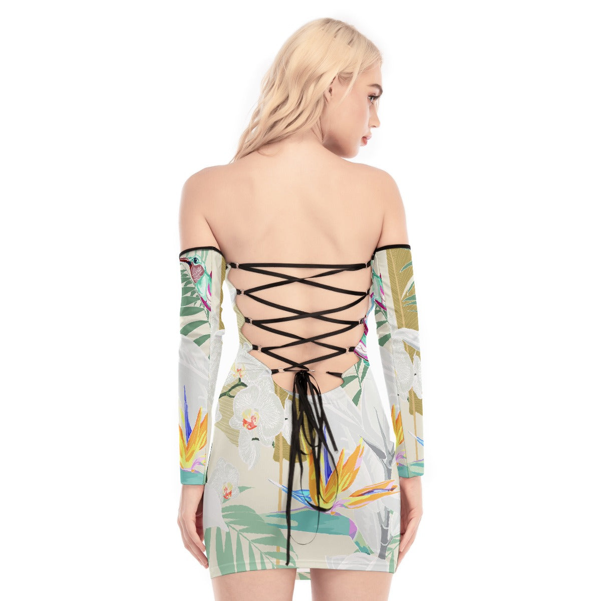 All-Over Print Women's Off-shoulder Back Lace-up Dress