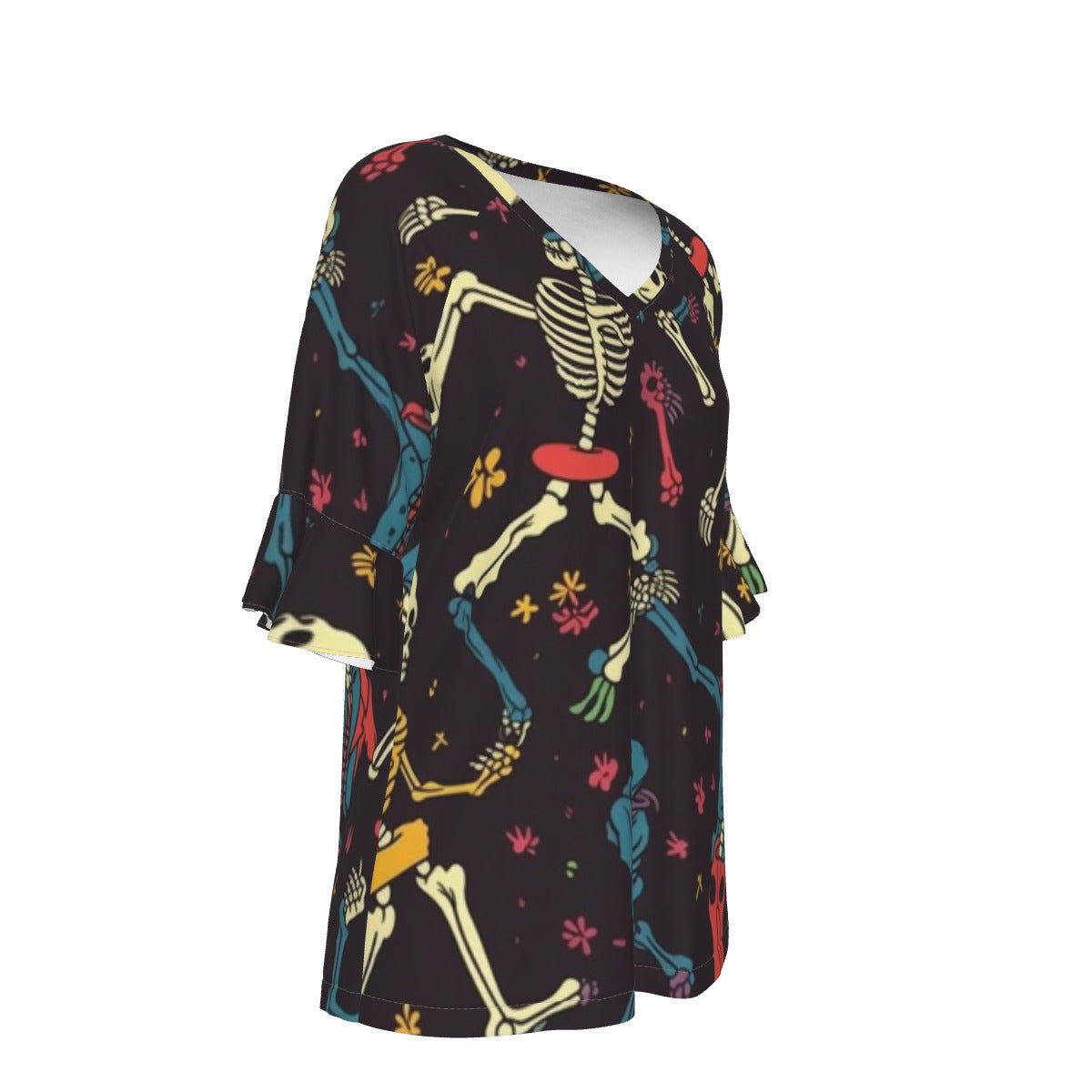 All-Over Print V-neck Women's T-shirt With Bell Sleeve