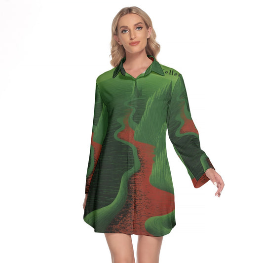 All-Over Print Women's Lapel Shirt Dress With Long Sleeve