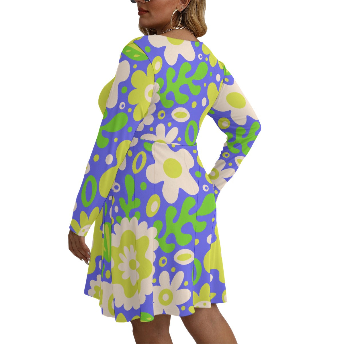 All-Over Print Women's V-neck Long Sleeve Dress(Plus Size)