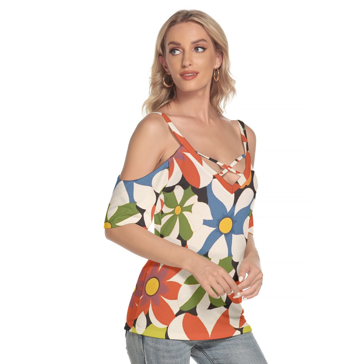 All-Over Print Women's Cold Shoulder T-shirt With Criss Cross Strips