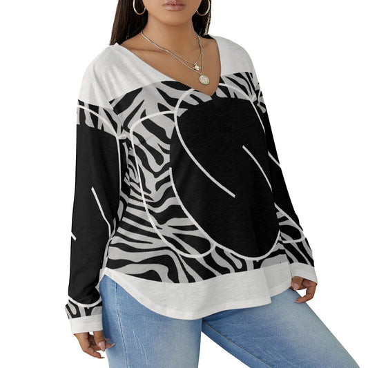 All-Over Print Women's V-neck T-shirt With Curved Hem(Plus Size)