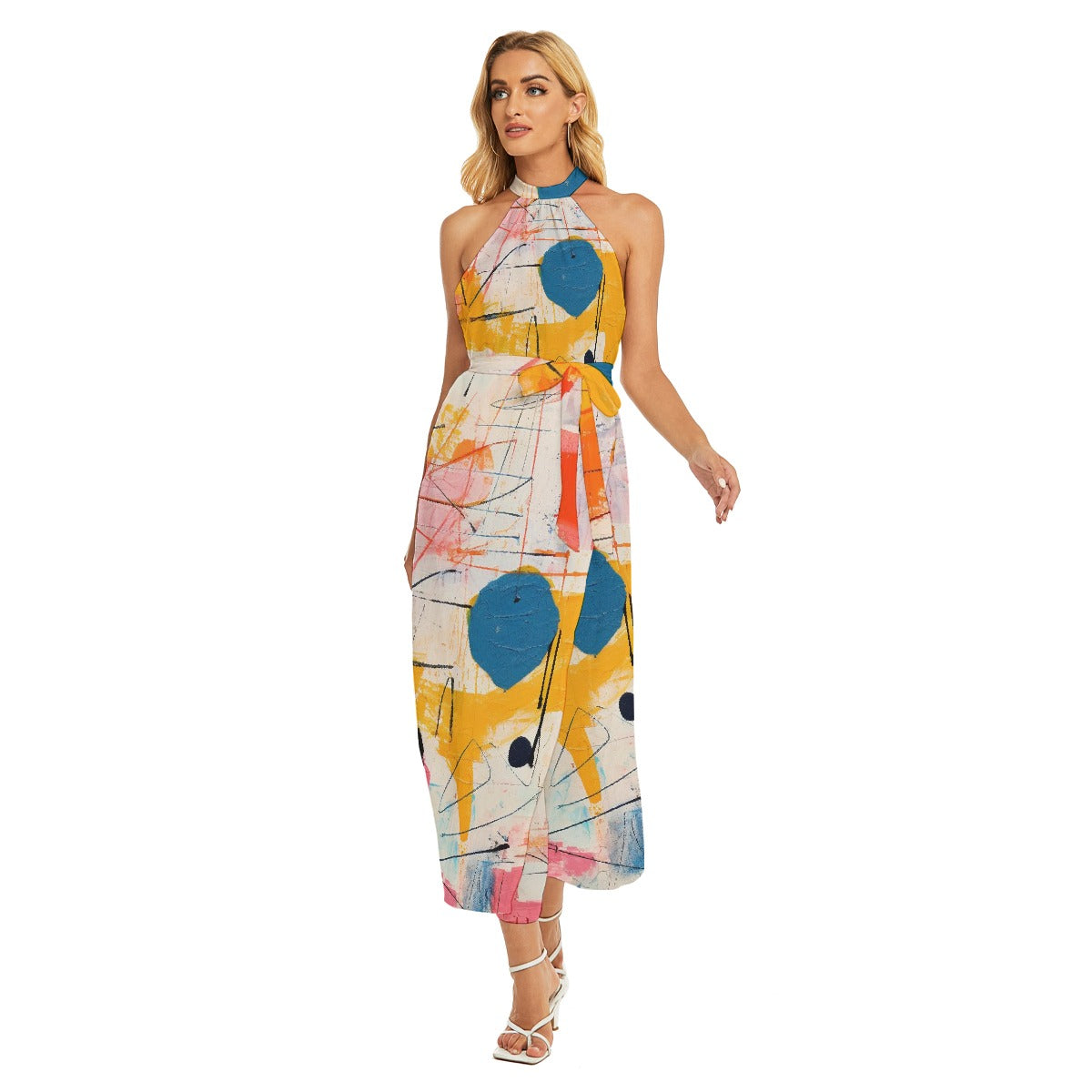 All-Over Print Women's Wrap Hem Belted Halter Dress