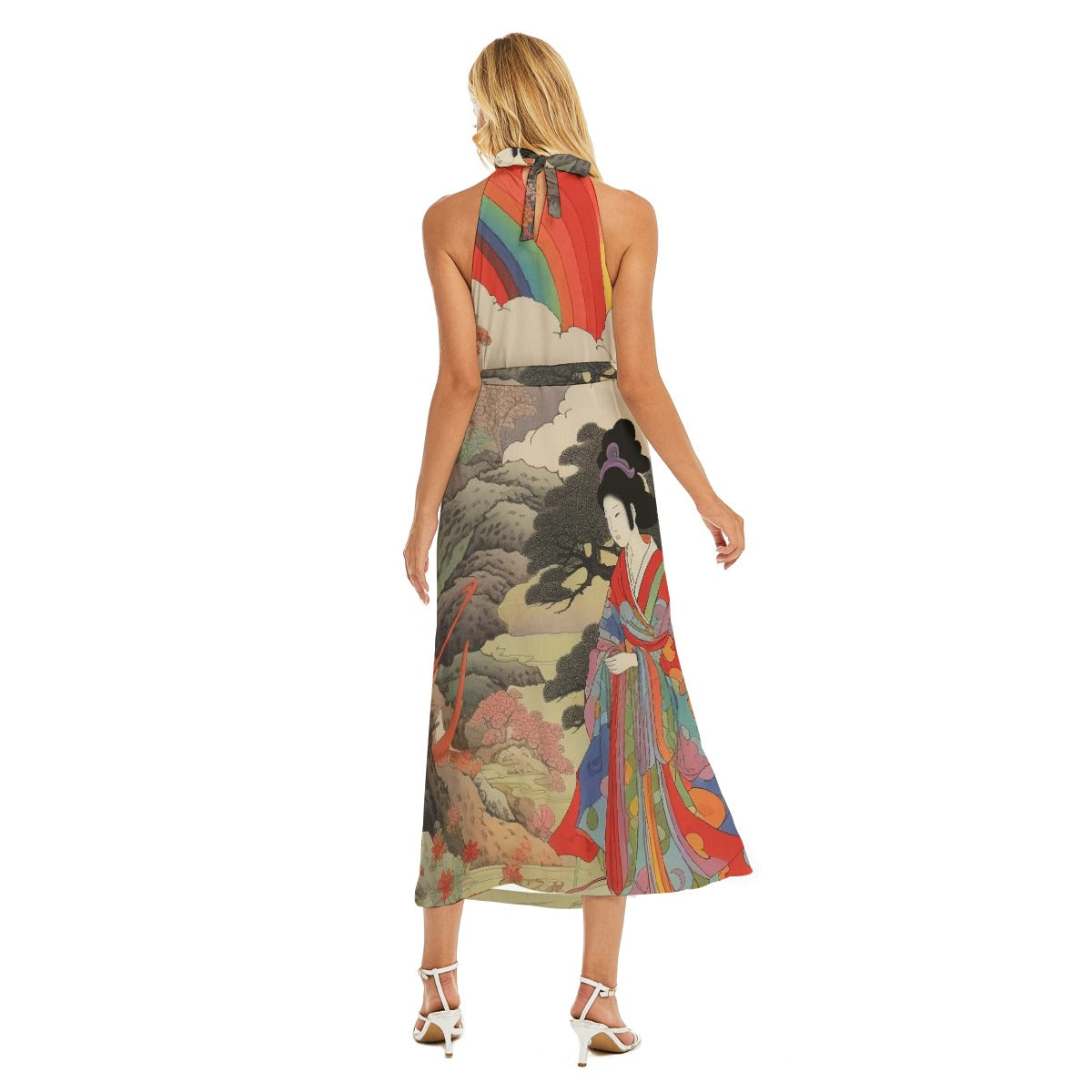 All-Over Print Women's Wrap Hem Belted Halter Dress