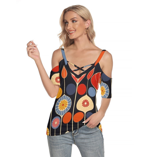 All-Over Print Women's Cold Shoulder T-shirt With Criss Cross Strips