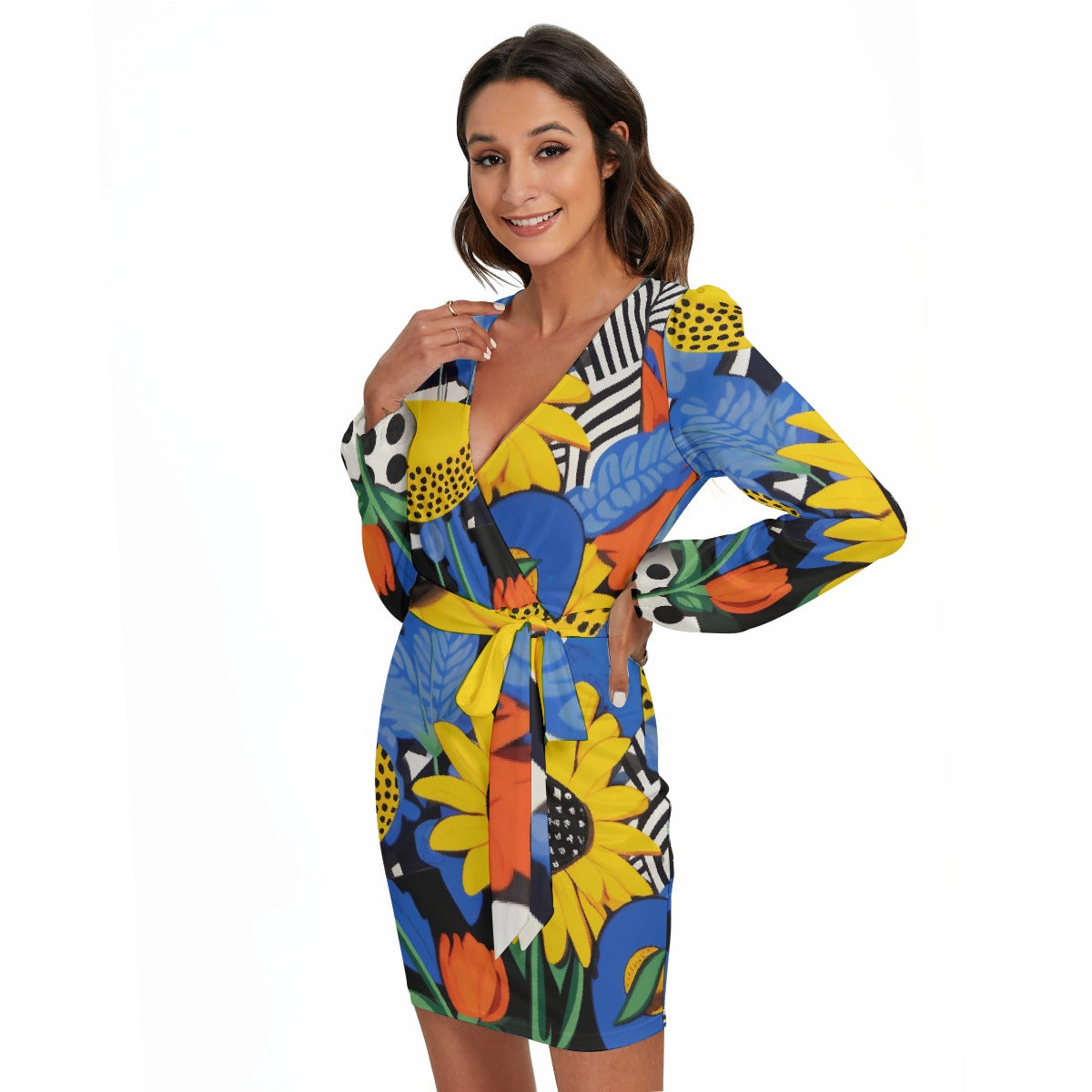 All-Over Print Women's Long Sleeve Dress With Waist Belt