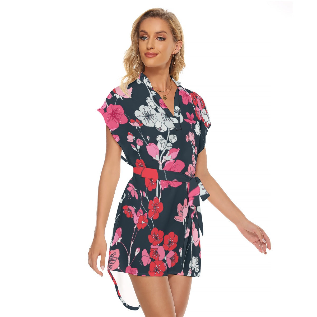 All-Over Print Women's Stand-up Collar Casual Dress With Belt