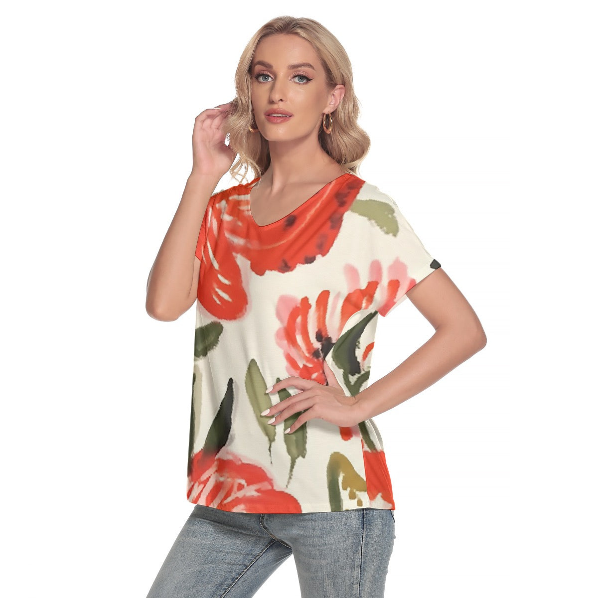 All-Over Print Women's Loose V-neck Short Sleeve T-shirt