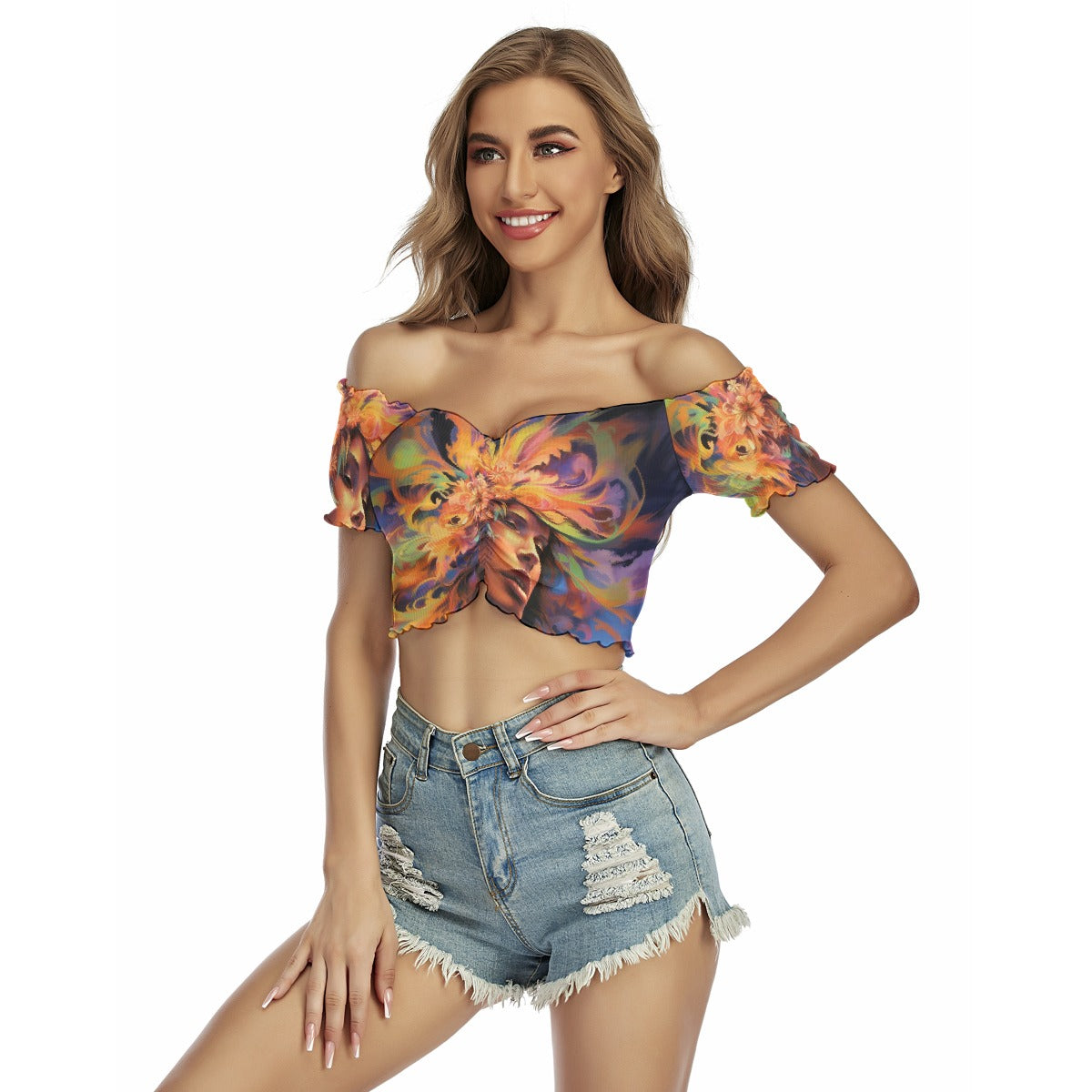 All-Over Print Women's One-shoulder Off-the-navel Short Sleeve T-shirt