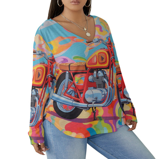 All-Over Print Women's V-neck T-shirt With Curved Hem(Plus Size)