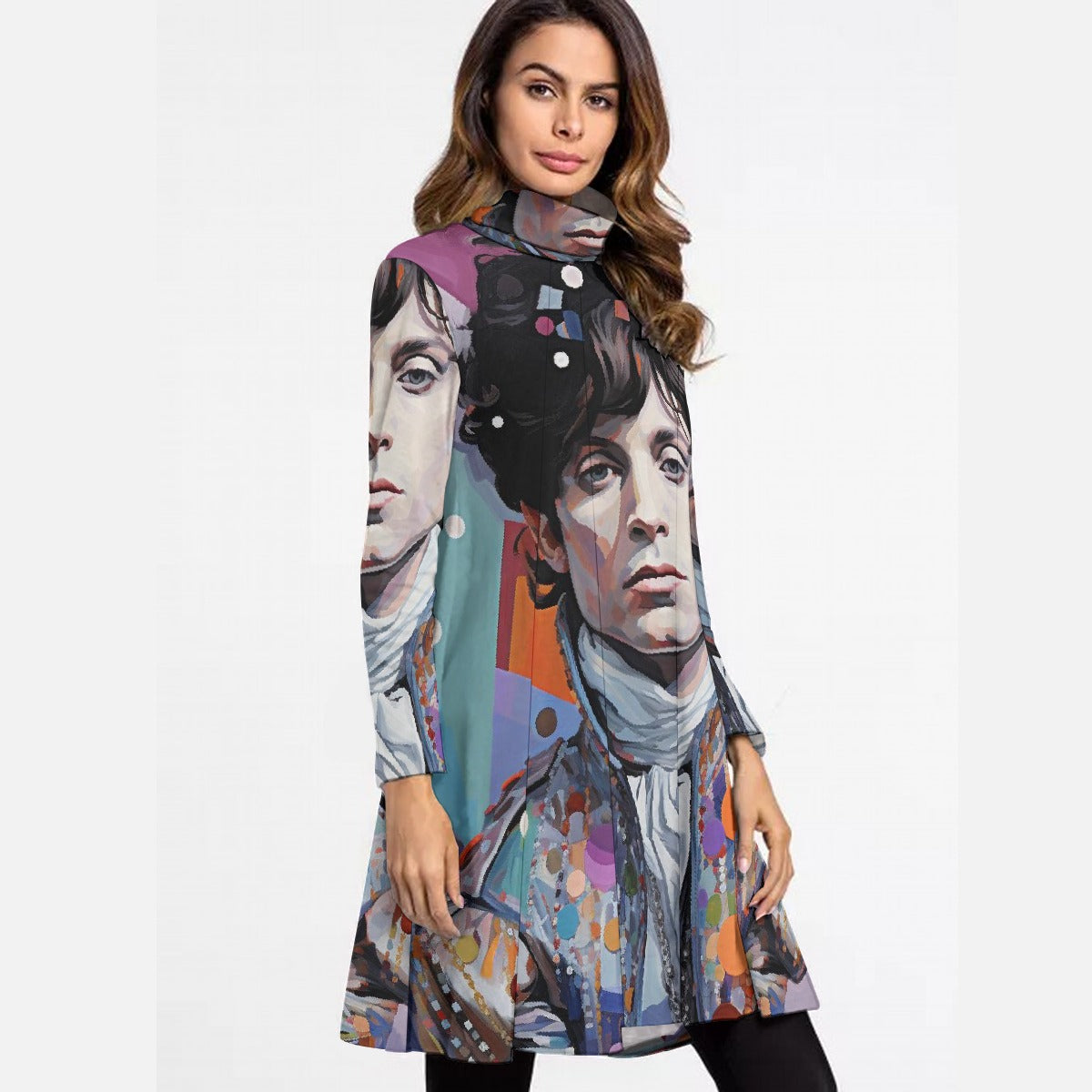 All-Over Print Women's High Neck Dress With Long Sleeve