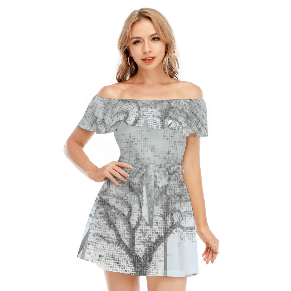 All-Over Print Women's Off-shoulder Dress With Ruffle