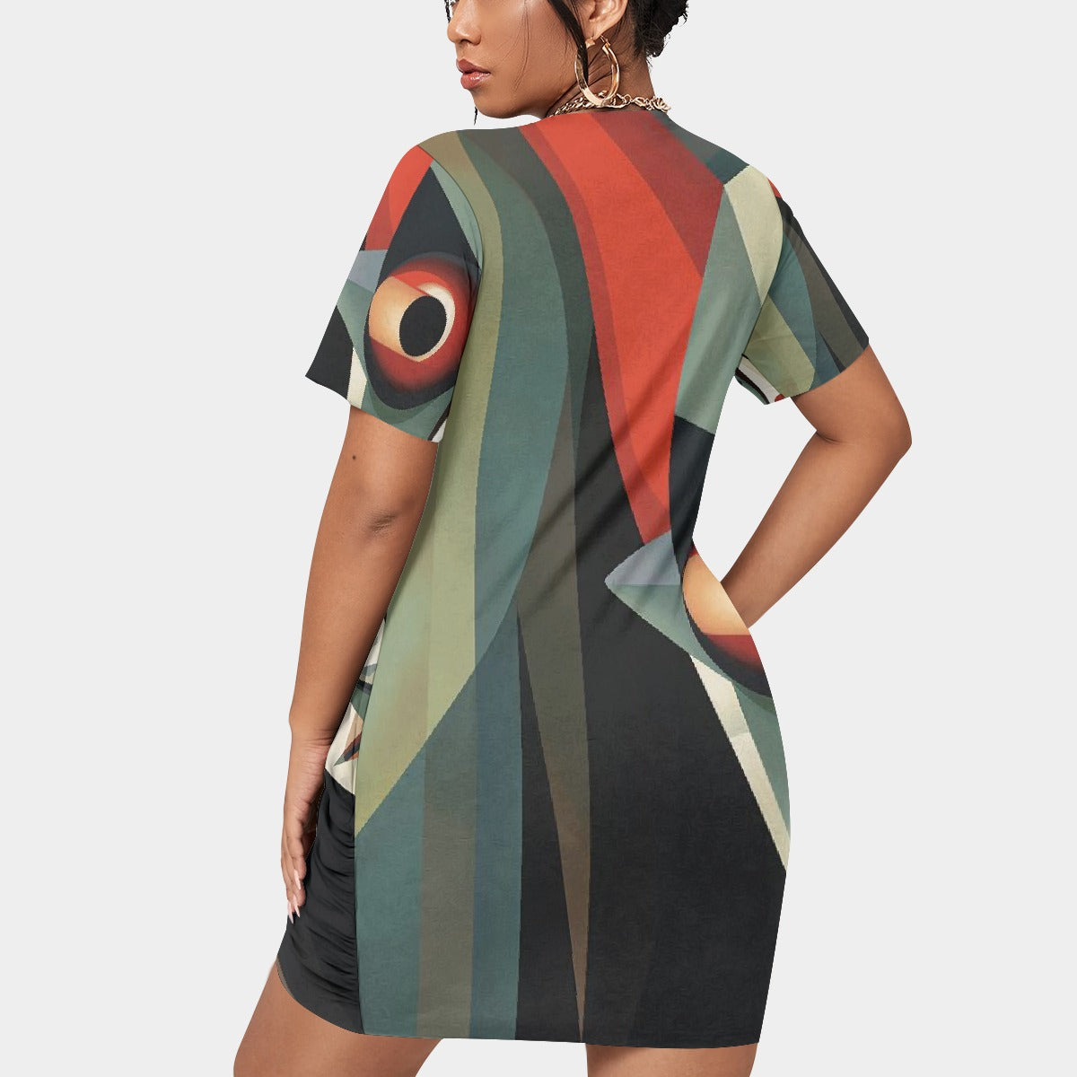 All-Over Print Women’s Stacked Hem Dress With Short Sleeve（Plus Size）