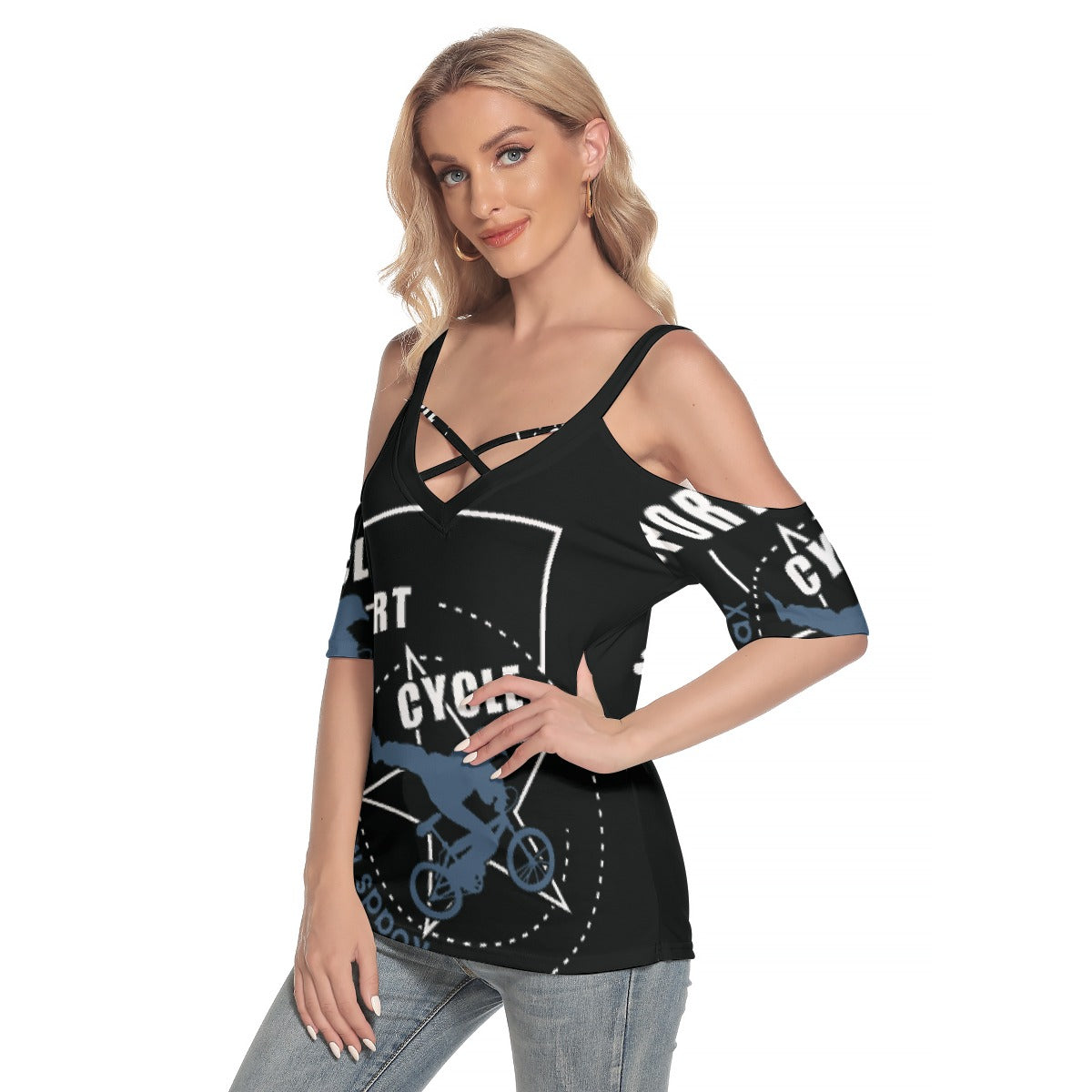 All-Over Print Women's Cold Shoulder T-shirt With Criss Cross Strips