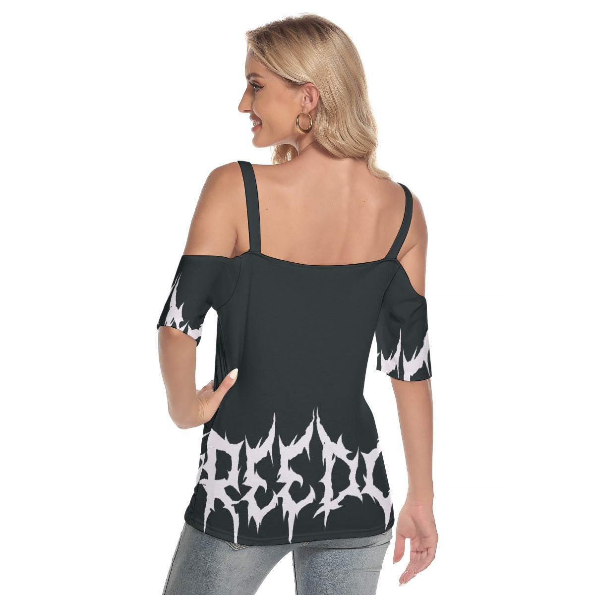 All-Over Print Women's Cold Shoulder T-shirt With Criss Cross Strips