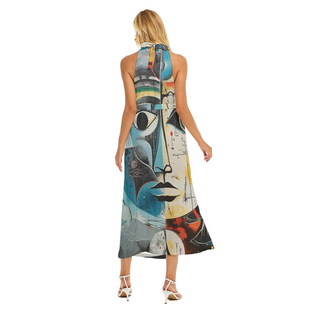 All-Over Print Women's Wrap Hem Belted Halter Dress