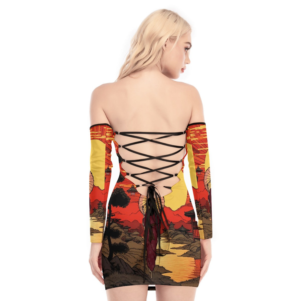 All-Over Print Women's Off-shoulder Back Lace-up Dress