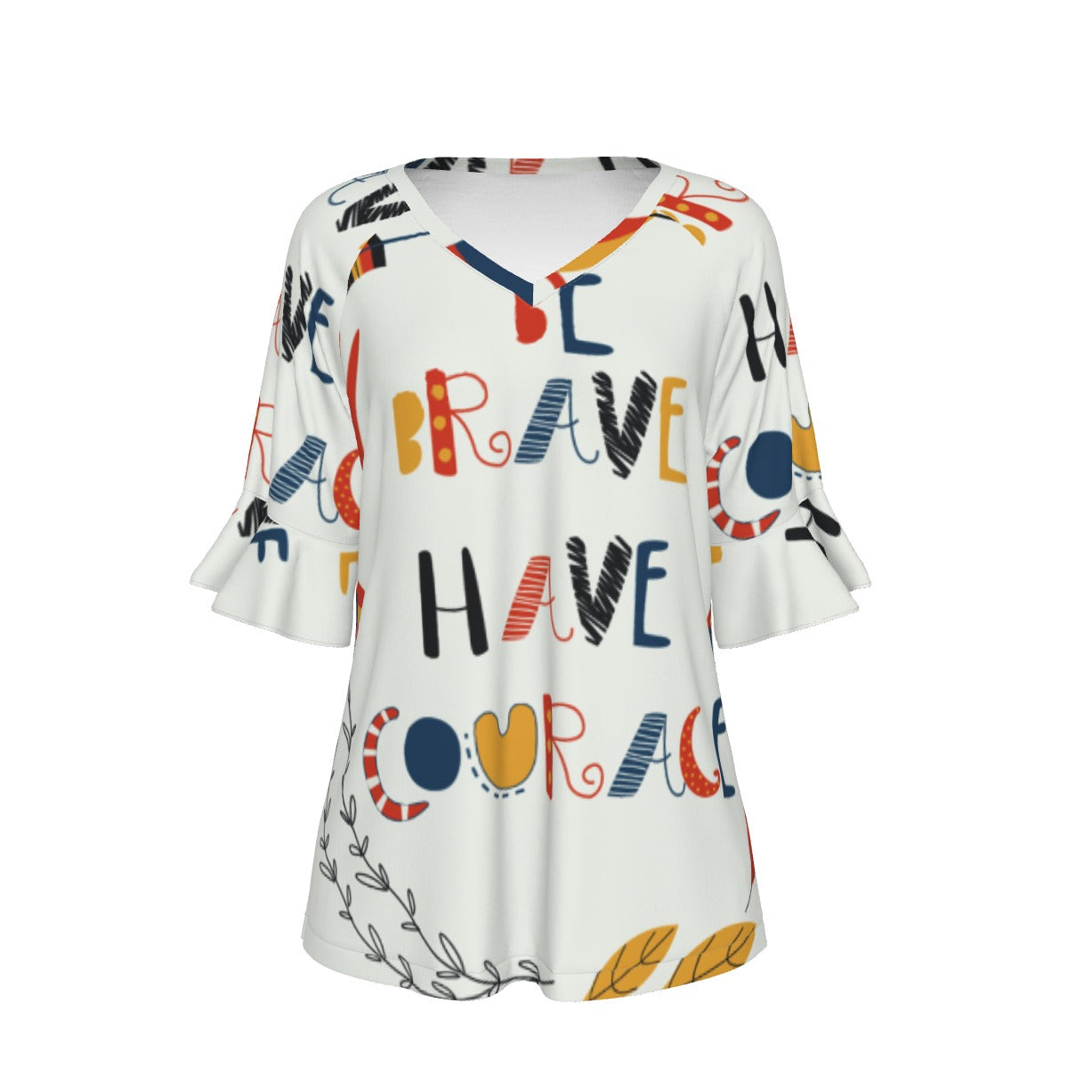 All-Over Print V-neck Women's T-shirt With Bell Sleeve