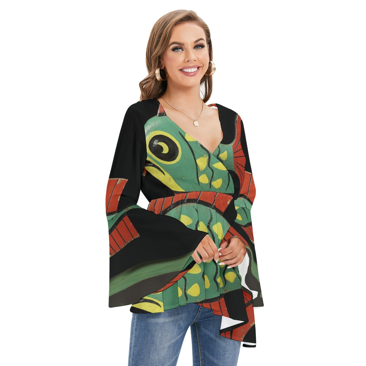 All-Over Print Women's V-neck Blouse With Flared Sleeves