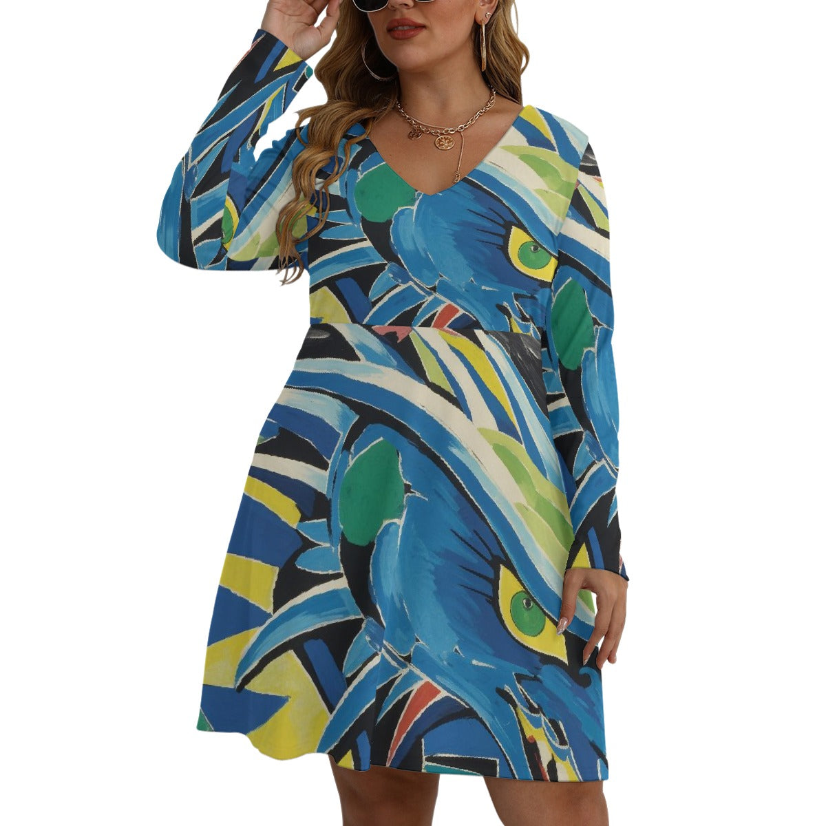 All-Over Print Women's V-neck Long Sleeve Dress(Plus Size)