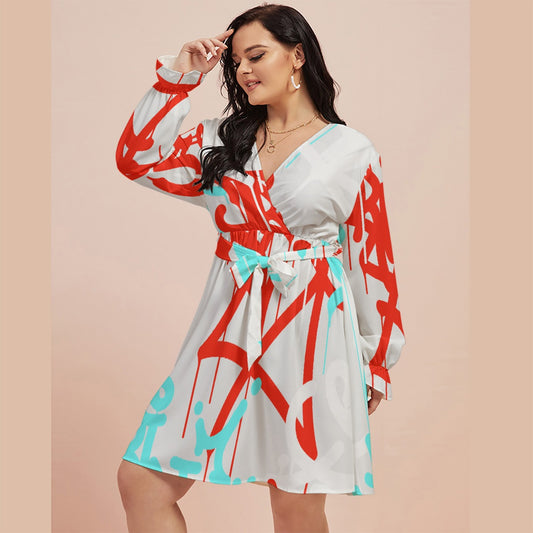 All-Over Print Women's V-neck Dress With Waistband(Plus Size)