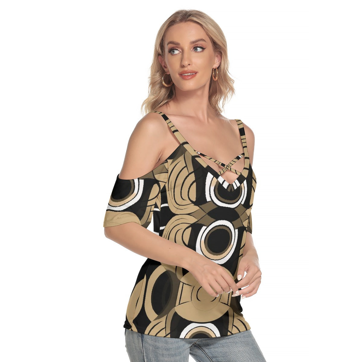 All-Over Print Women's Cold Shoulder T-shirt With Criss Cross Strips