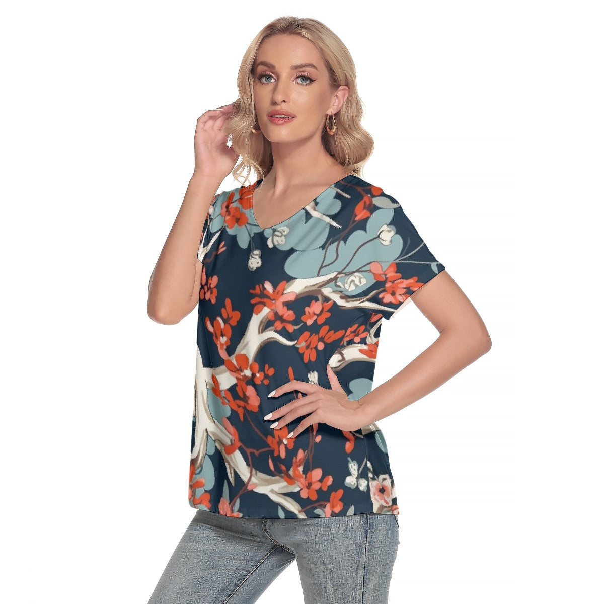 All-Over Print Women's Loose V-neck Short Sleeve T-shirt