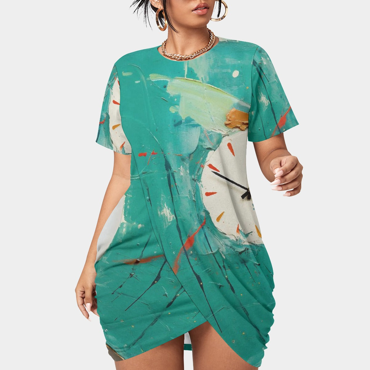 All-Over Print Women’s Stacked Hem Dress With Short Sleeve（Plus Size）