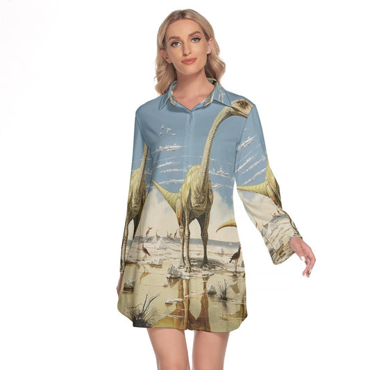 All-Over Print Women's Lapel Shirt Dress With Long Sleeve