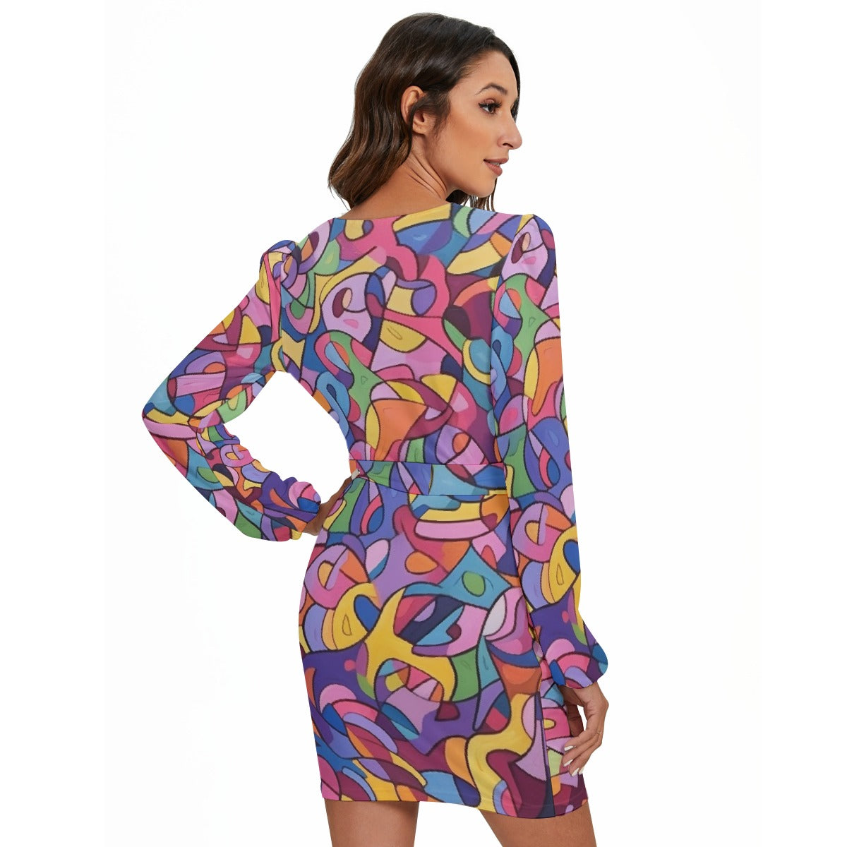 All-Over Print Women's Long Sleeve Dress With Waist Belt