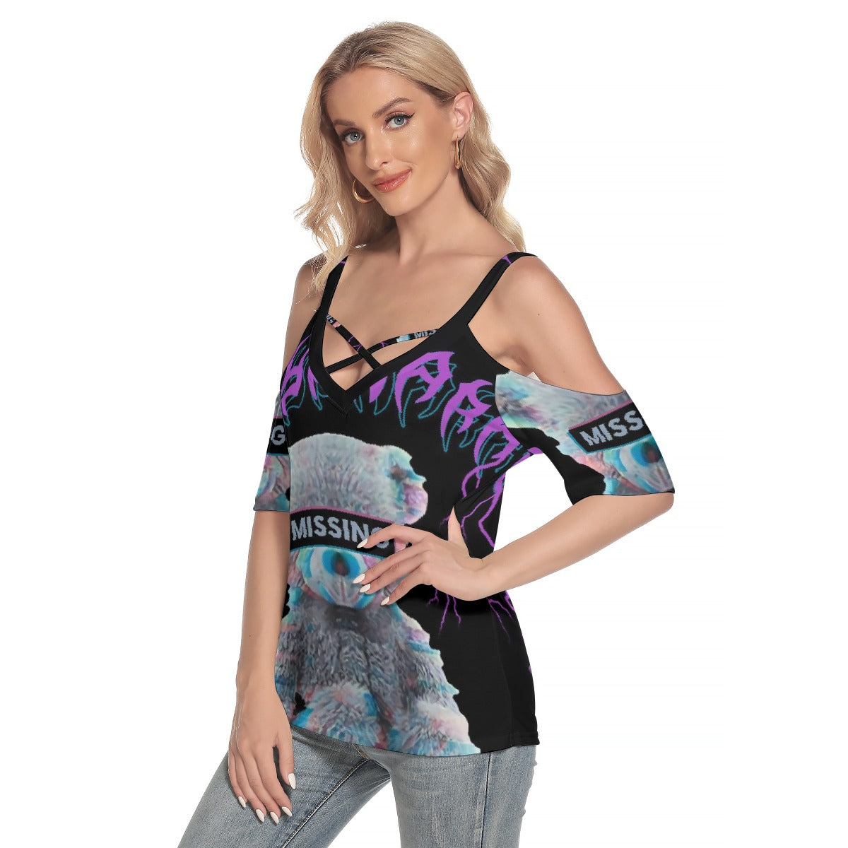 All-Over Print Women's Cold Shoulder T-shirt With Criss Cross Strips