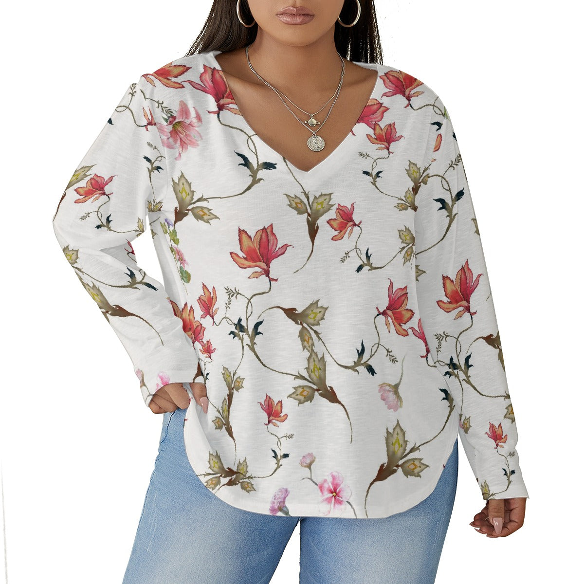 All-Over Print Women's V-neck T-shirt With Curved Hem(Plus Size)