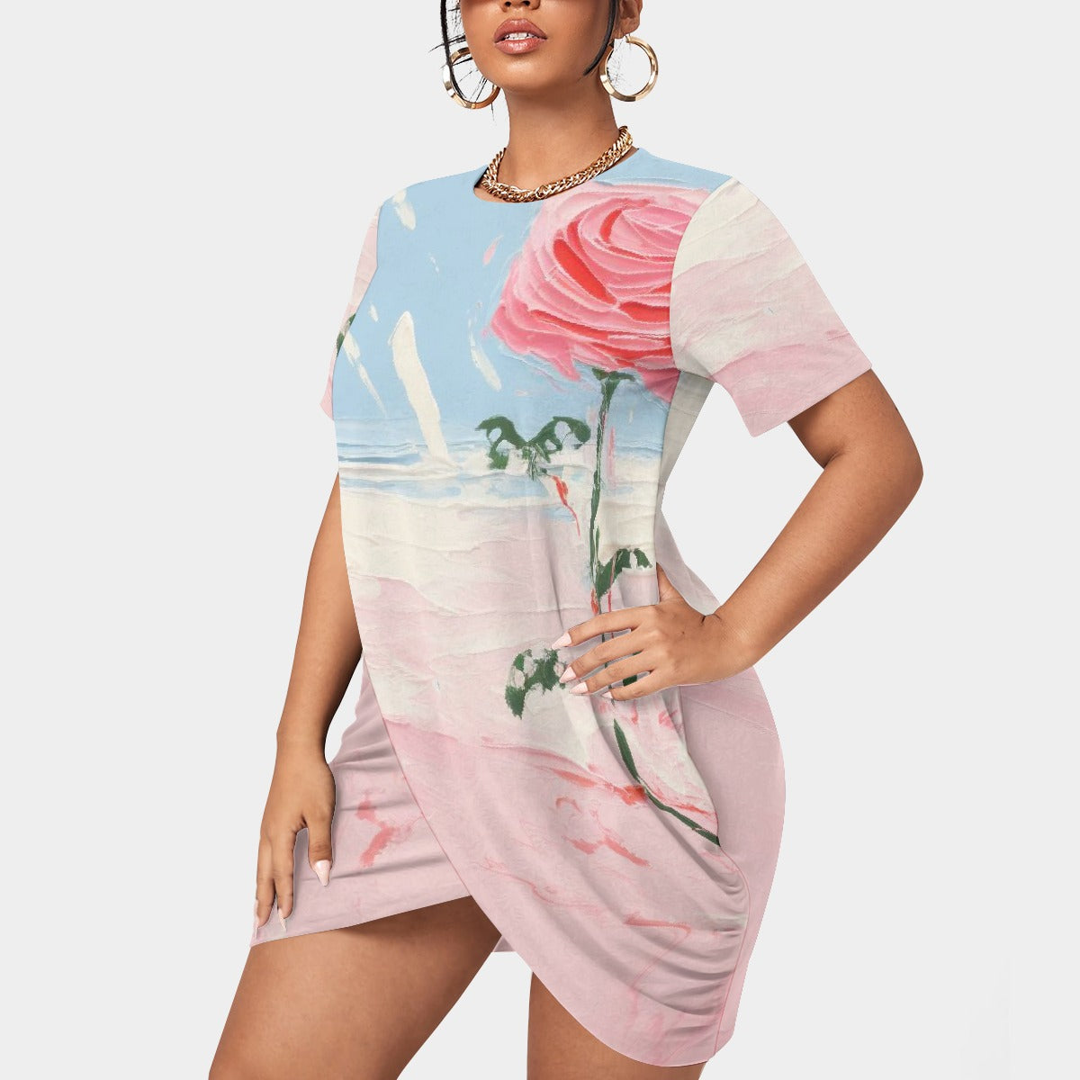 All-Over Print Women’s Stacked Hem Dress With Short Sleeve（Plus Size）